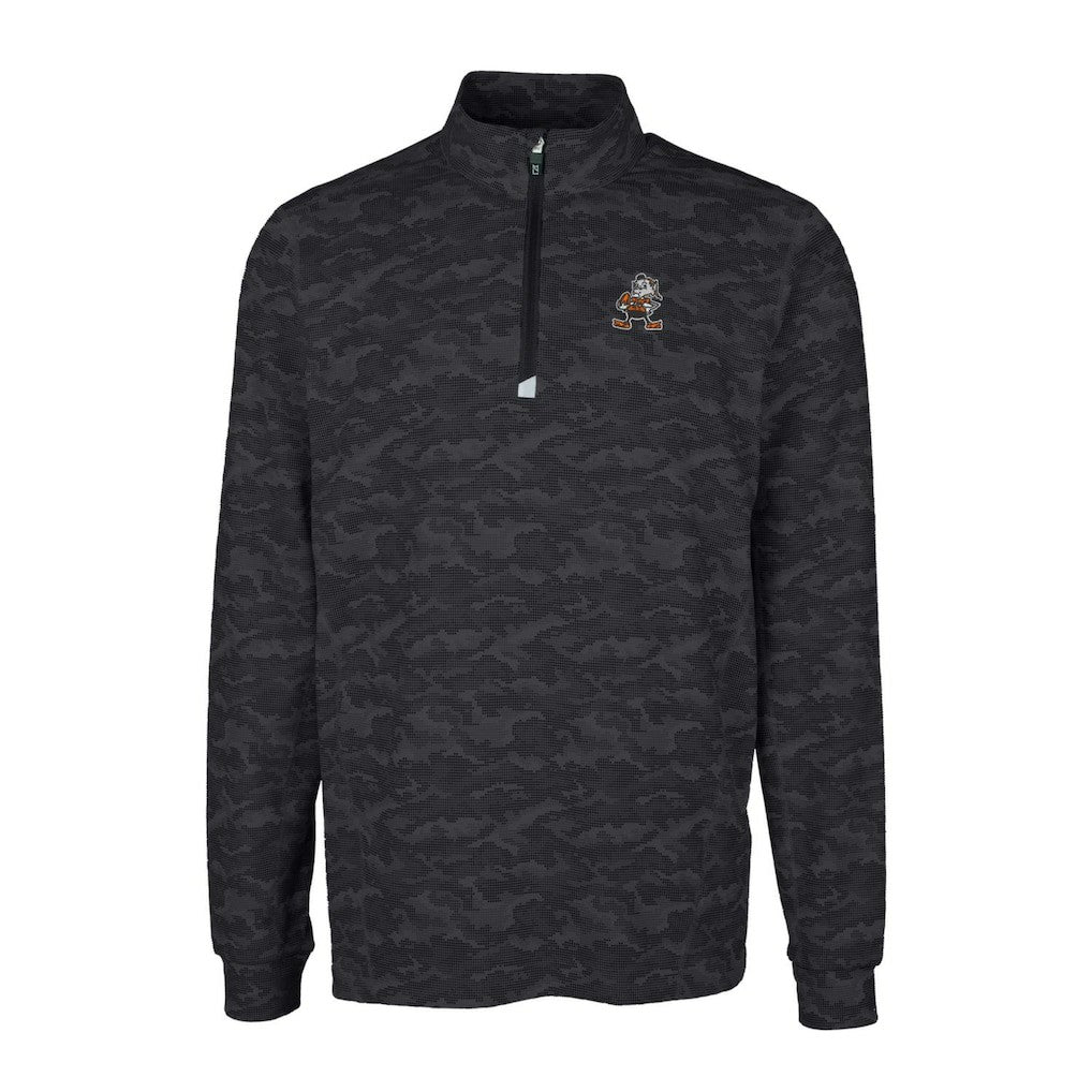 Cleveland Browns Cutter & Buck Throwback Logo Big & Tall Traverse Camo Print Stretch Quarter-Zip Pullover Top - Black Pullover