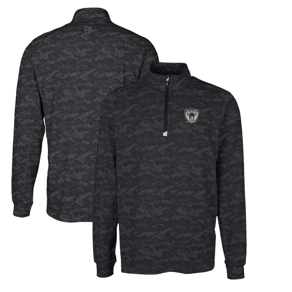 Las Vegas Raiders Cutter & Buck Throwback Logo Big & Tall Traverse Camo Print Stretch Quarter-Zip Pullover Top - Black Pullover