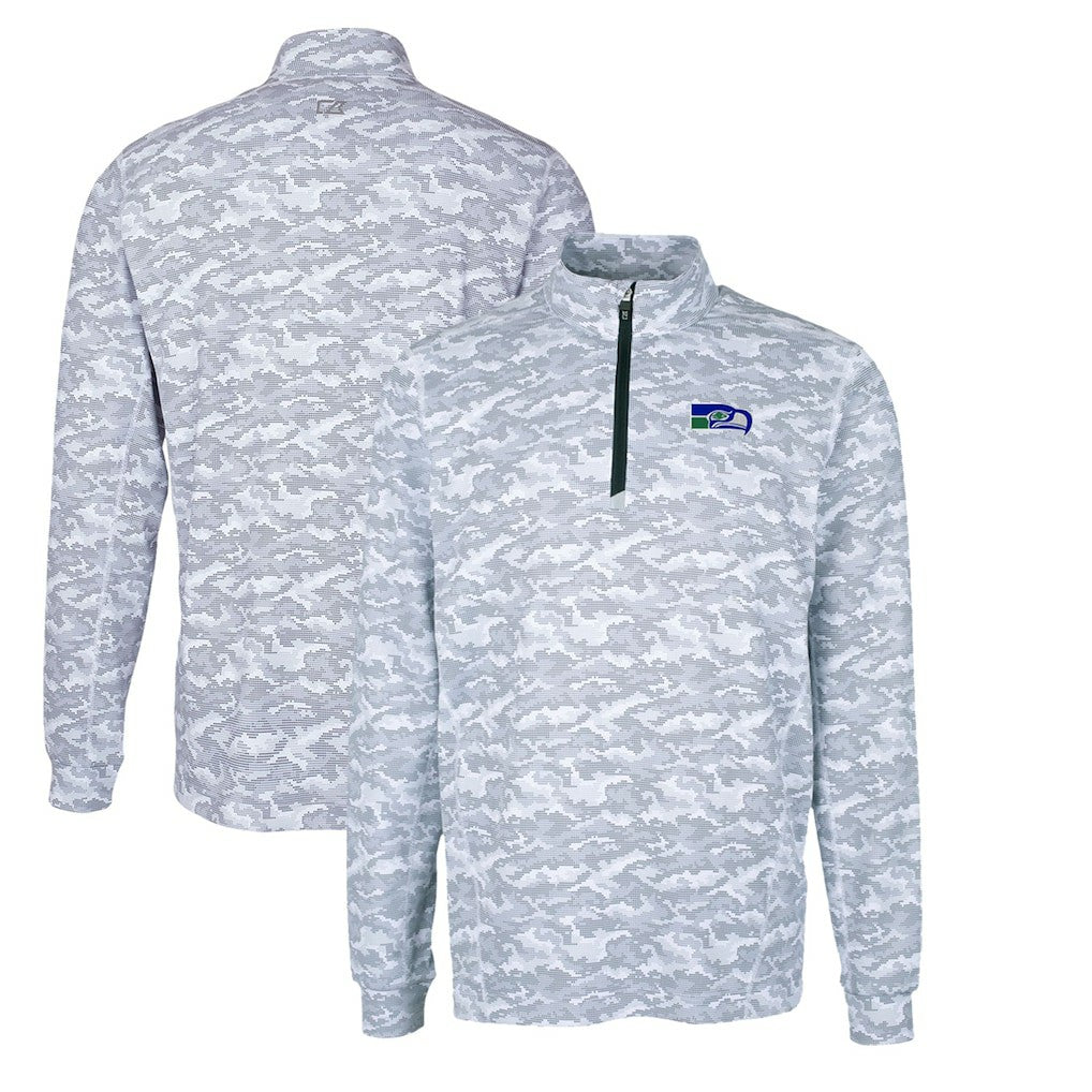 Seattle Seahawks Cutter & Buck Throwback Logo Big & Tall Traverse Camo Print Stretch Quarter-Zip Pullover Top - Charcoal Pullover