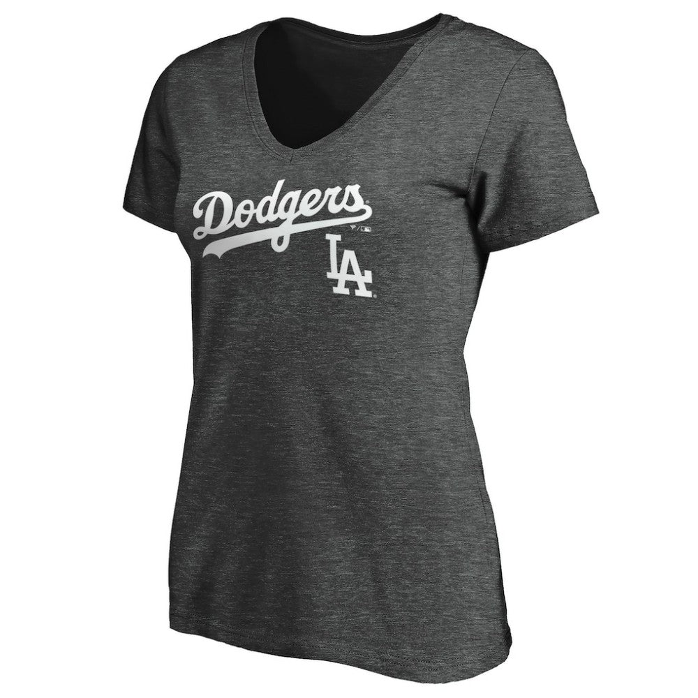 Los Angeles Dodgers Women's Team Lockup V-Neck T-Shirt - Charcoal T-shirts