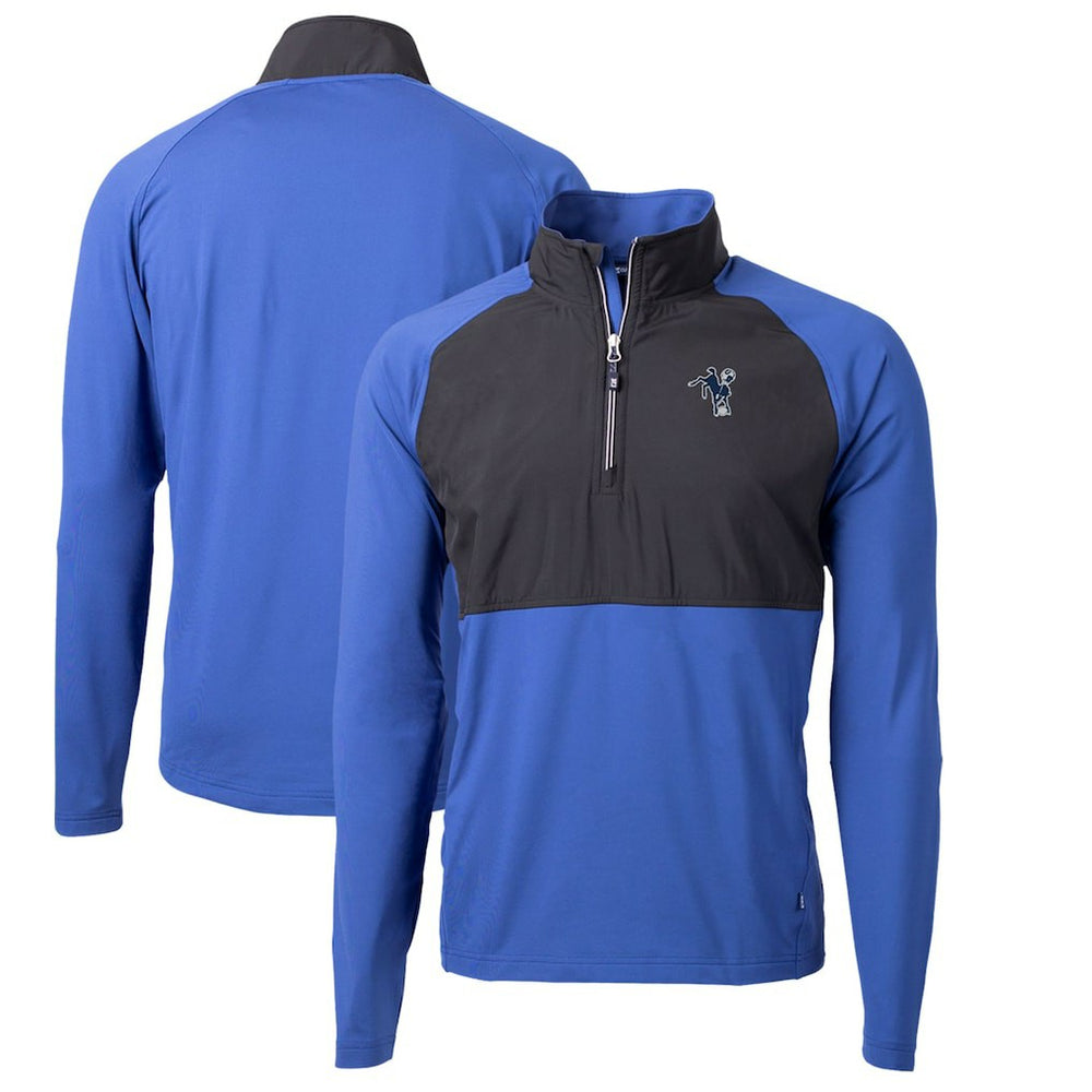 Indianapolis Colts Cutter & Buck Adapt Eco Knit Hybrid Recycled Quarter-Zip Throwback Pullover Top - Royal/Black Pullover
