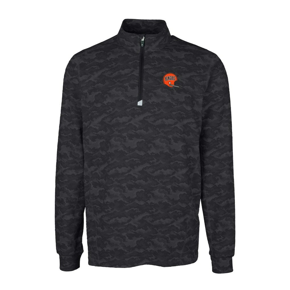 Cincinnati Bengals Cutter & Buck Throwback Logo Traverse Camo Print Stretch Quarter-Zip Pullover Top - Black Pullover