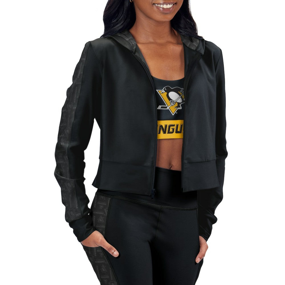 Pittsburgh Penguins Women's Cropped Full-Zip Hoodie - Black | US 5210421