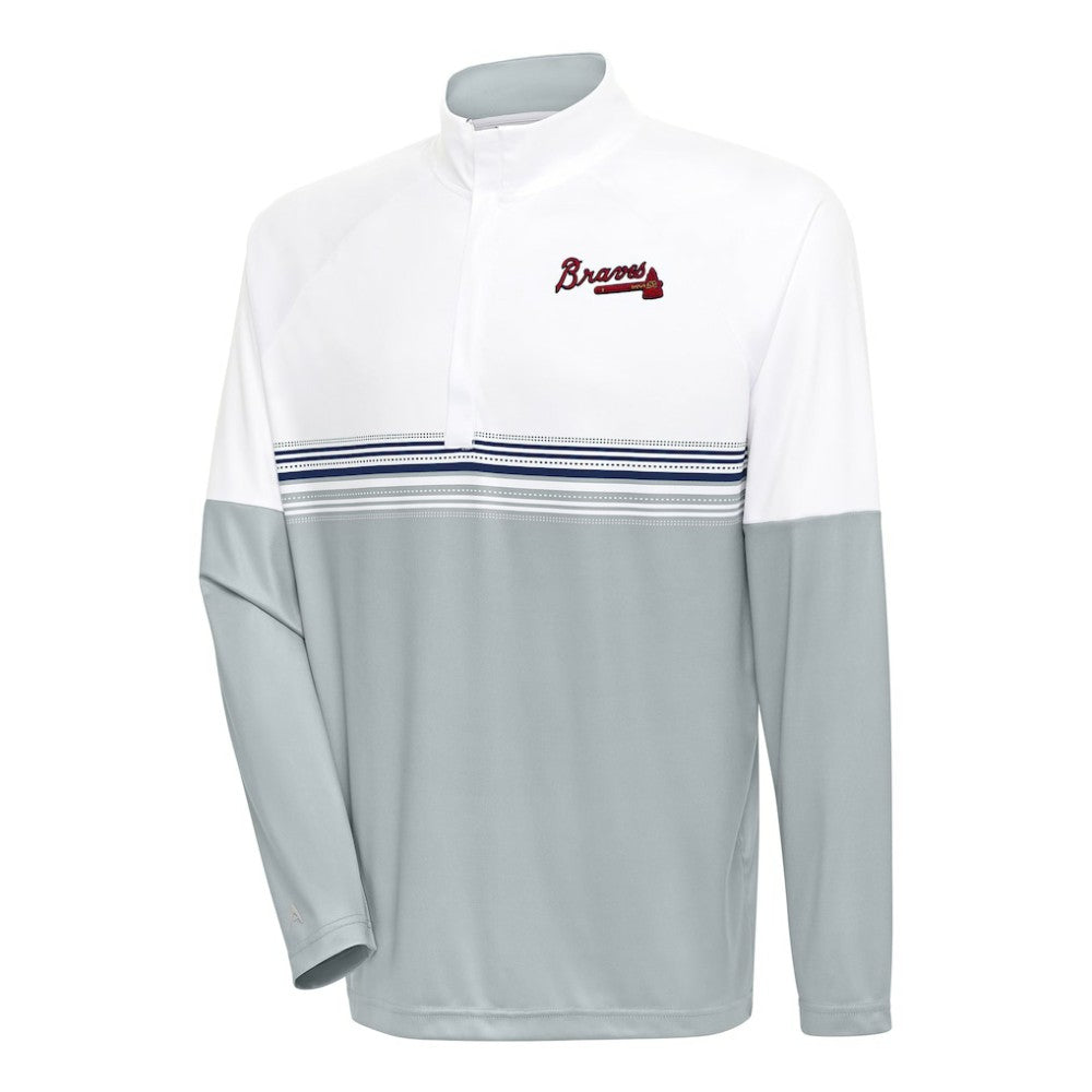 Atlanta Braves Antigua Bender Quarter-Zip Pullover Top - White/Navy Pullover