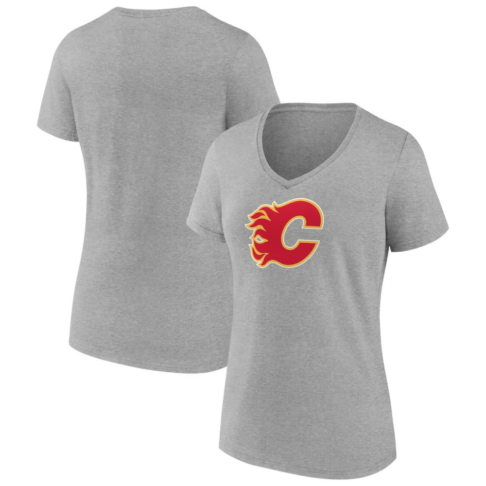 Calgary Flames Women's Primary Logo Team V-Neck T-Shirt - Heather Gray | US 5221152