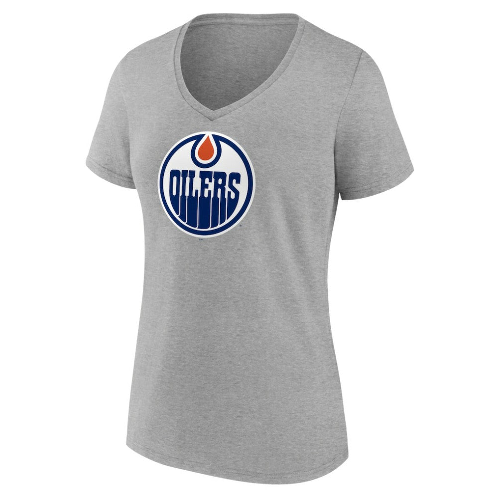 Edmonton Oilers Women's Primary Logo Team V-Neck T-Shirt - Heather Gray | US 5221158