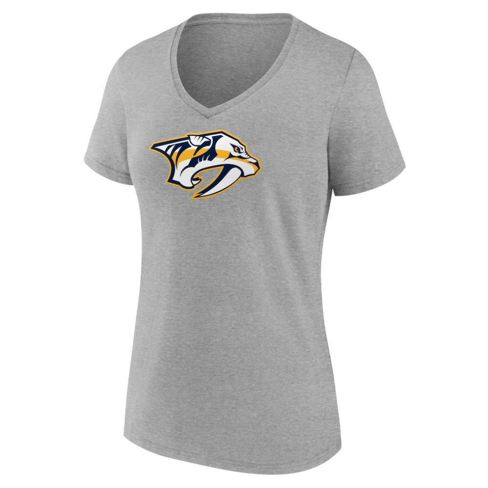 Nashville Predators Women's Primary Logo Team V-Neck T-Shirt - Heather Gray | US 5221162