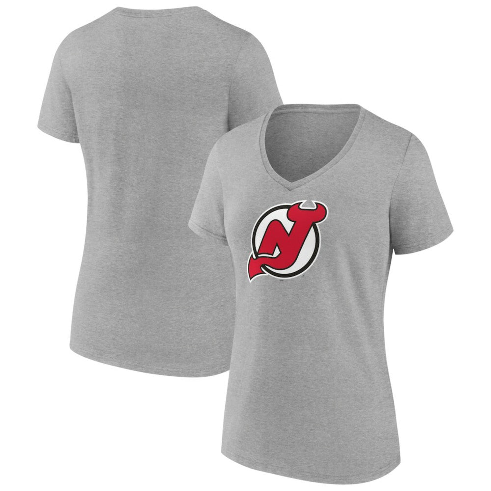 New Jersey Devils Women's Primary Logo Team V-Neck T-Shirt - Heather Gray | US 5221163