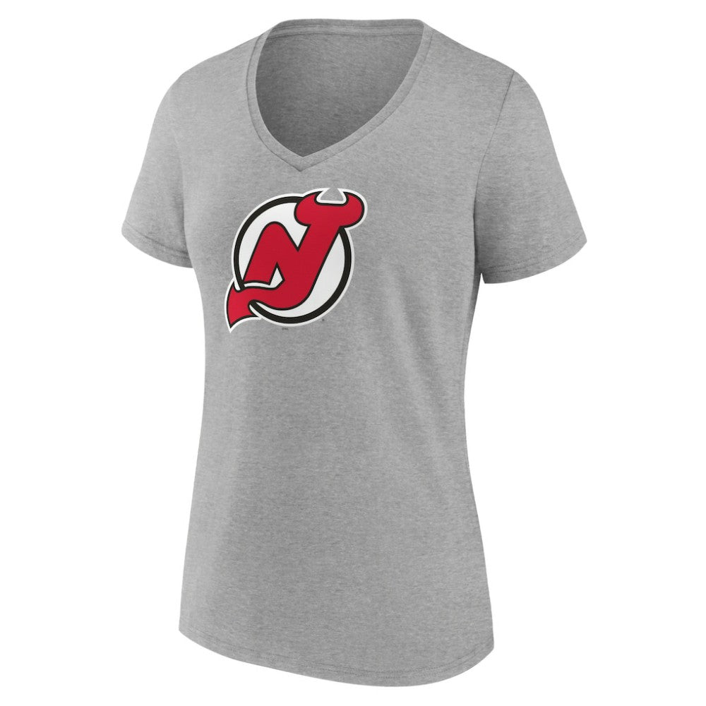 New Jersey Devils Women's Primary Logo Team V-Neck T-Shirt - Heather Gray | US 5221163