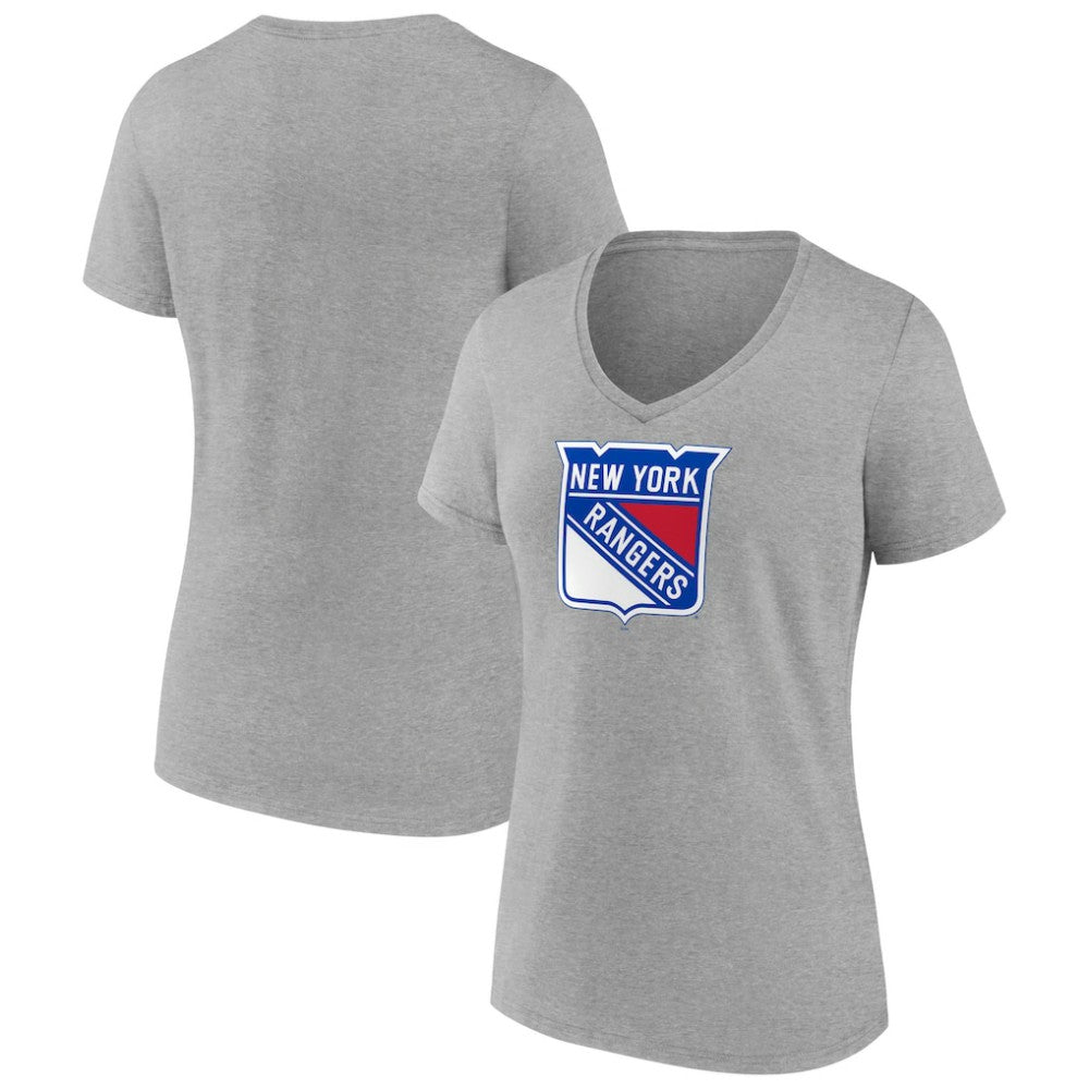 New York Rangers Women's Primary Logo Team V-Neck T-Shirt - Heather Gray | US 5221165