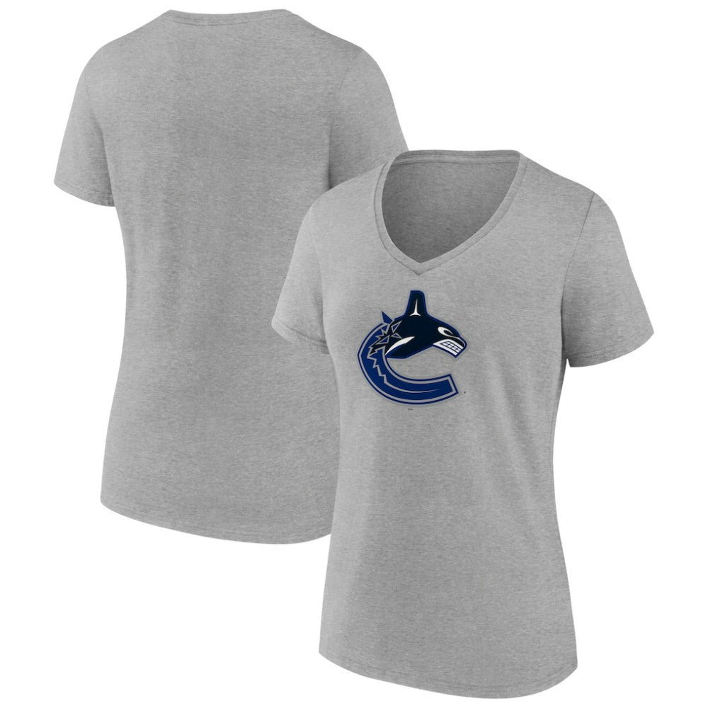 Vancouver Canucks Women's Primary Logo Team V-Neck T-Shirt - Heather Gray | US 5221172