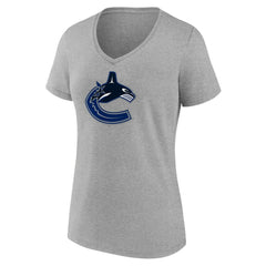 Vancouver Canucks Women's Primary Logo Team V-Neck T-Shirt - Heather Gray | US 5221172