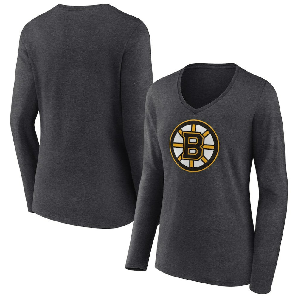 Boston Bruins Women's Primary Team Logo Long Sleeve V-Neck T-Shirt - Heather Charcoal | US 5221177