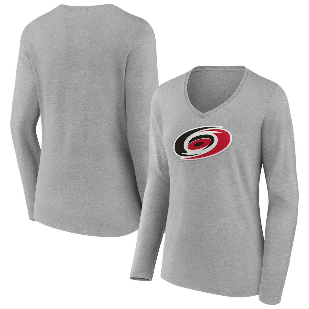 Carolina Hurricanes Women's Primary Logo Team Long Sleeve V-Neck T-Shirt - Heather Gray | US 5221180