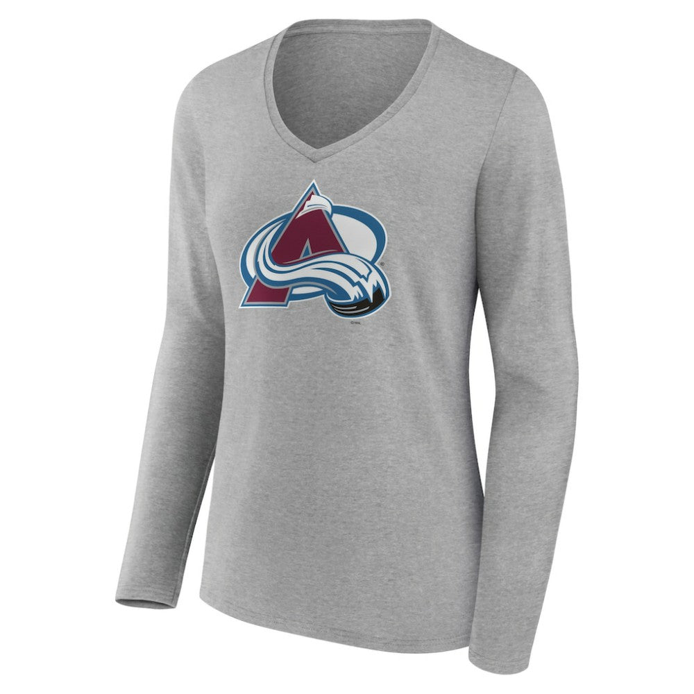 Colorado Avalanche Women's Primary Logo Team Long Sleeve V-Neck T-Shirt - Heather Gray | US 5221181