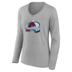 Colorado Avalanche Women's Primary Logo Team Long Sleeve V-Neck T-Shirt - Heather Gray | US 5221181