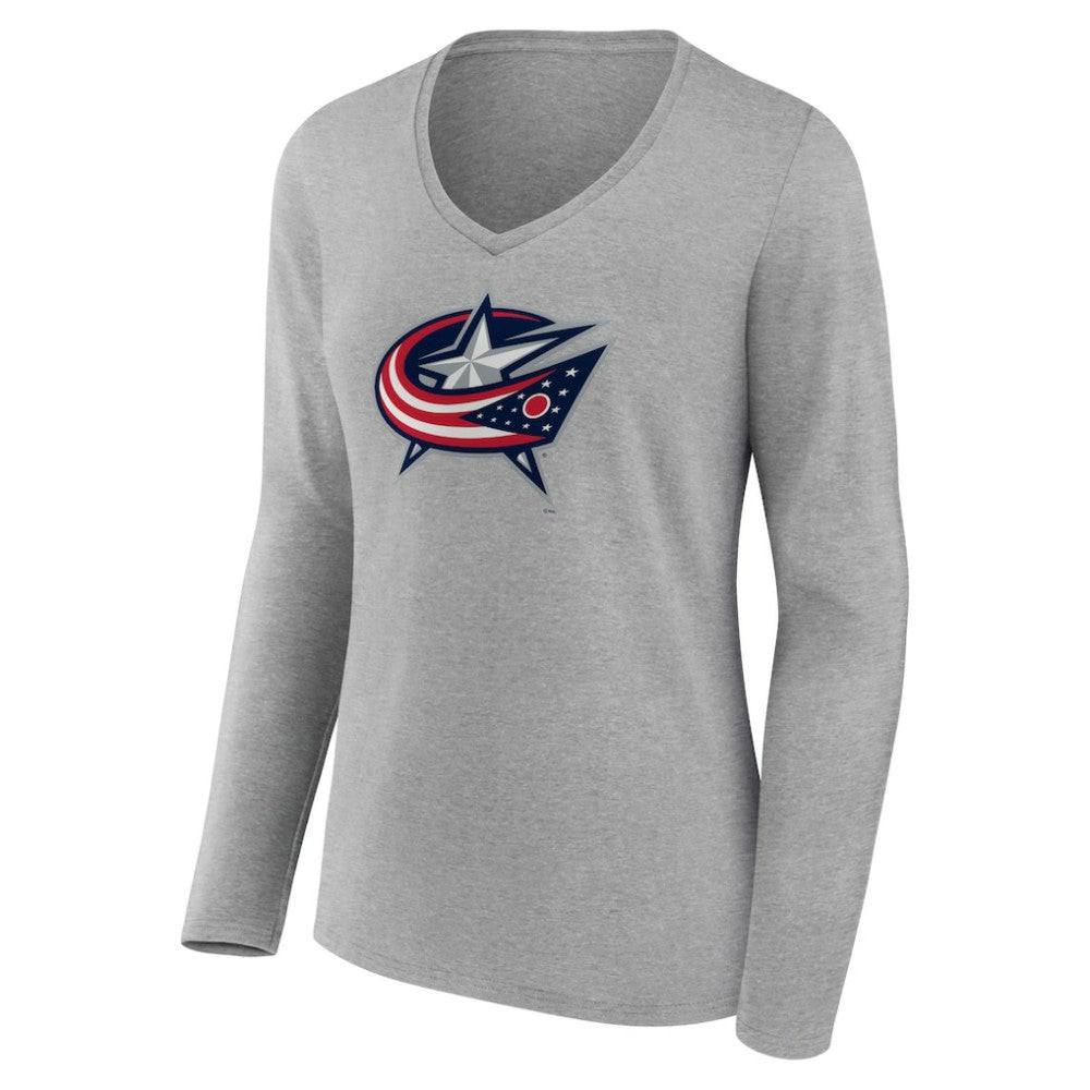 Columbus Blue Jackets Women's Primary Logo Team Long Sleeve V-Neck T-Shirt - Heather Gray | US 5221182