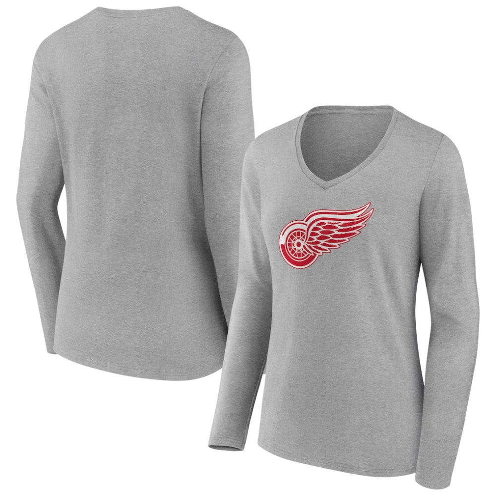 Detroit Red Wings Women's Primary Logo Team Long Sleeve V-Neck T-Shirt - Heather Gray | US 5221185