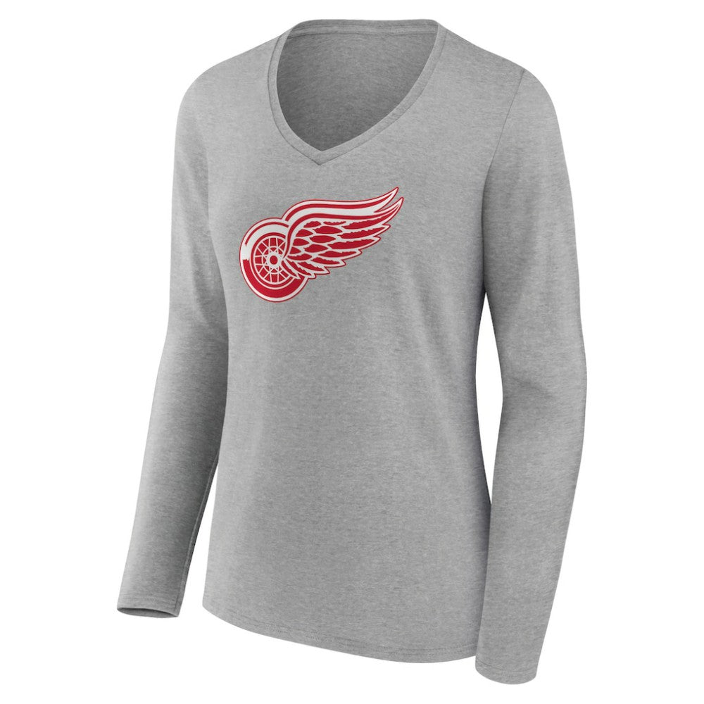 Detroit Red Wings Women's Primary Logo Team Long Sleeve V-Neck T-Shirt - Heather Gray | US 5221185