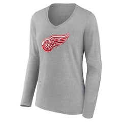 Detroit Red Wings Women's Primary Logo Team Long Sleeve V-Neck T-Shirt - Heather Gray | US 5221185