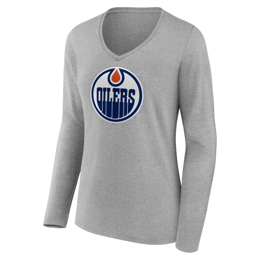 Edmonton Oilers Women's Primary Logo Team Long Sleeve V-Neck T-Shirt - Heather Gray | US 5221186