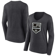 Los Angeles Kings Women's Primary Team Logo Long Sleeve V-Neck T-Shirt - Heather Charcoal | US 5221187