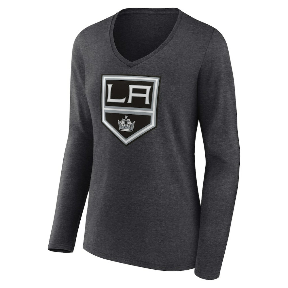 Los Angeles Kings Women's Primary Team Logo Long Sleeve V-Neck T-Shirt - Heather Charcoal | US 5221187