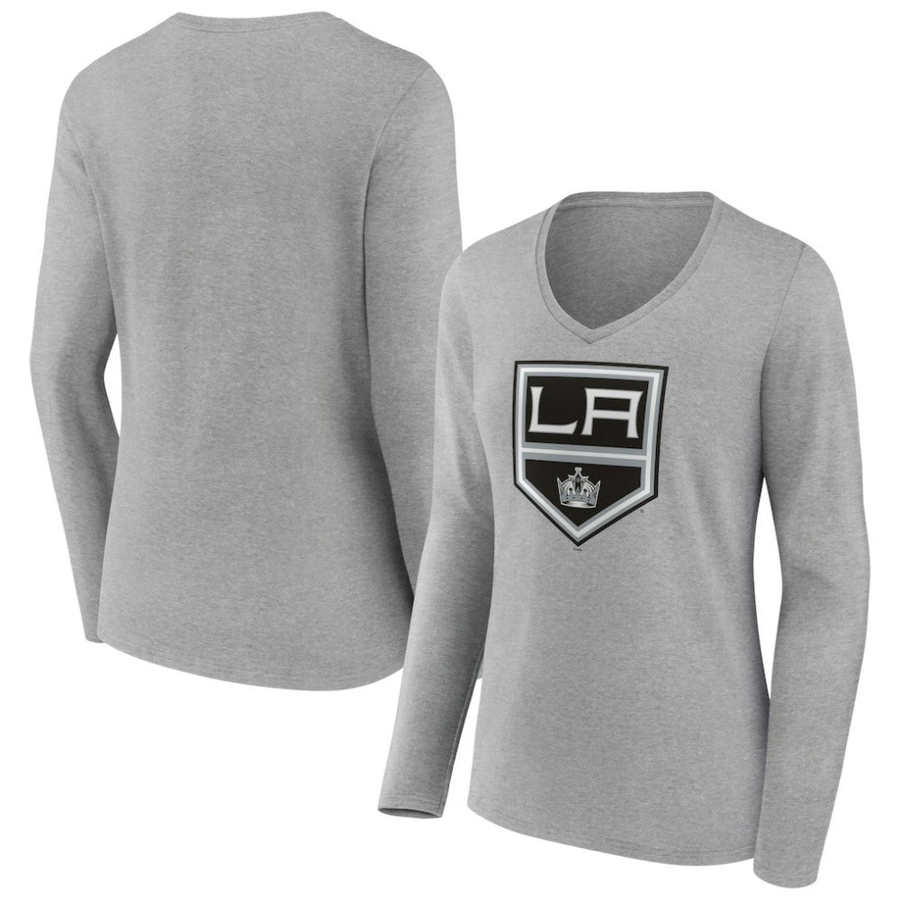 Los Angeles Kings Women's Primary Logo Team Long Sleeve V-Neck T-Shirt - Heather Gray | US 5221188