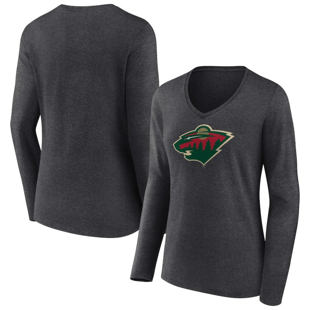 Minnesota Wild Women's Primary Team Logo Long Sleeve V-Neck T-Shirt - Heather Charcoal | US 5221189