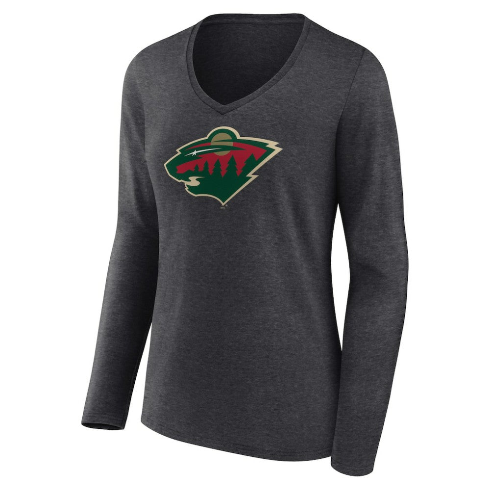 Minnesota Wild Women's Primary Team Logo Long Sleeve V-Neck T-Shirt - Heather Charcoal | US 5221189