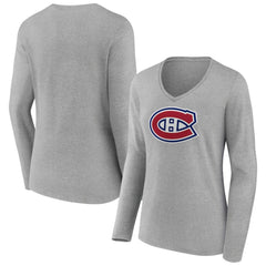 Montreal Canadiens Women's Primary Logo Team Long Sleeve V-Neck T-Shirt - Heather Gray | US 5221191