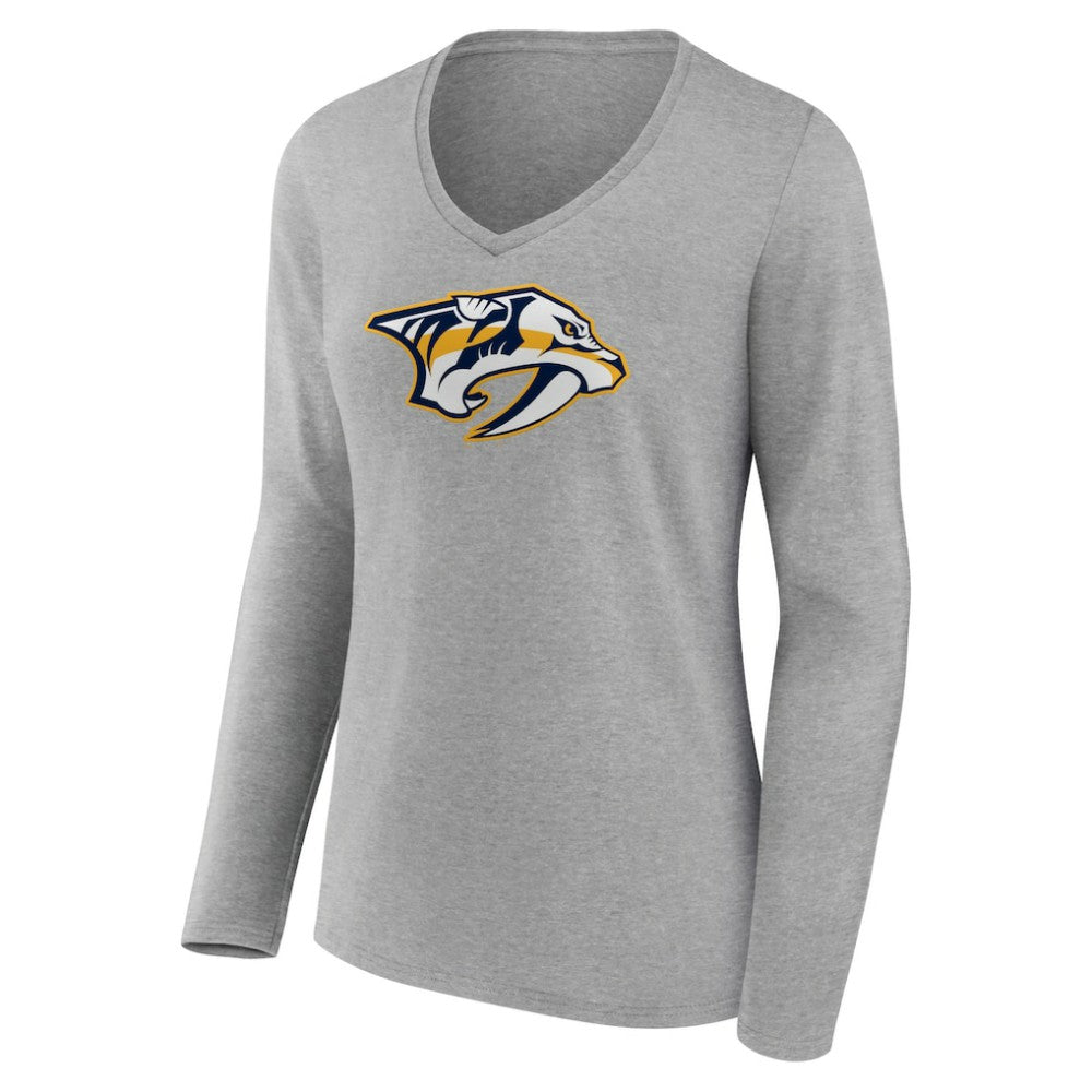 Nashville Predators Women's Primary Logo Team Long Sleeve V-Neck T-Shirt - Heather Gray | US 5221192