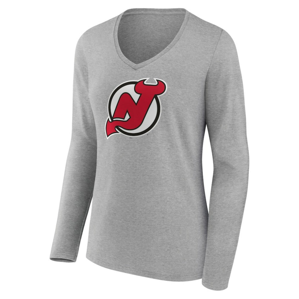 New Jersey Devils Women's Primary Logo Team Long Sleeve V-Neck T-Shirt - Heather Gray | US 5221193
