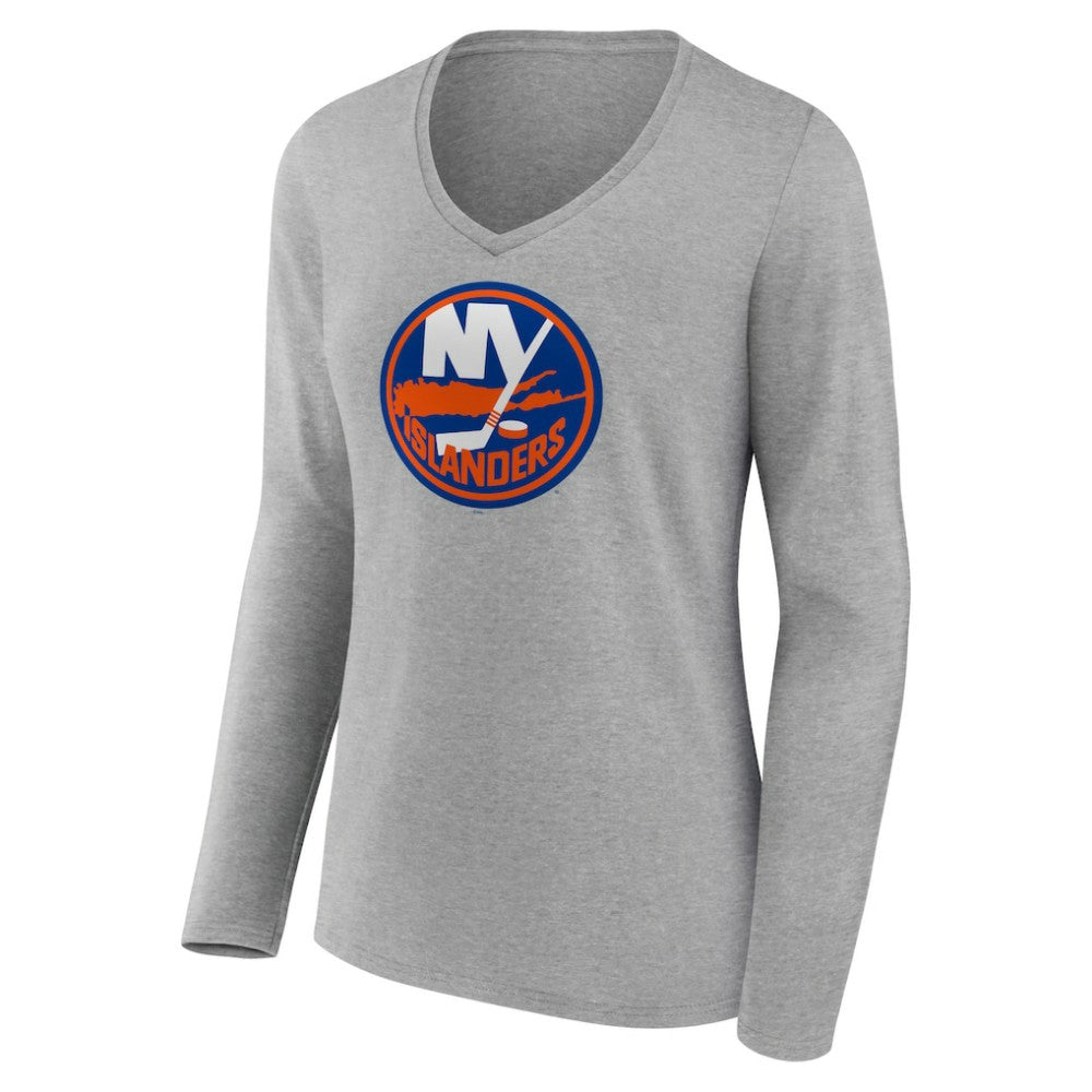 New York Islanders Women's Primary Logo Team Long Sleeve V-Neck T-Shirt - Heather Gray | US 5221194