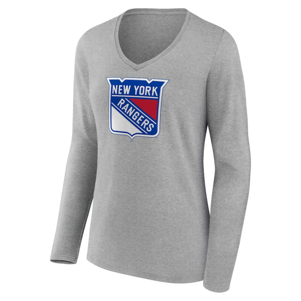 New York Rangers Women's Primary Logo Team Long Sleeve V-Neck T-Shirt - Heather Gray | US 5221195