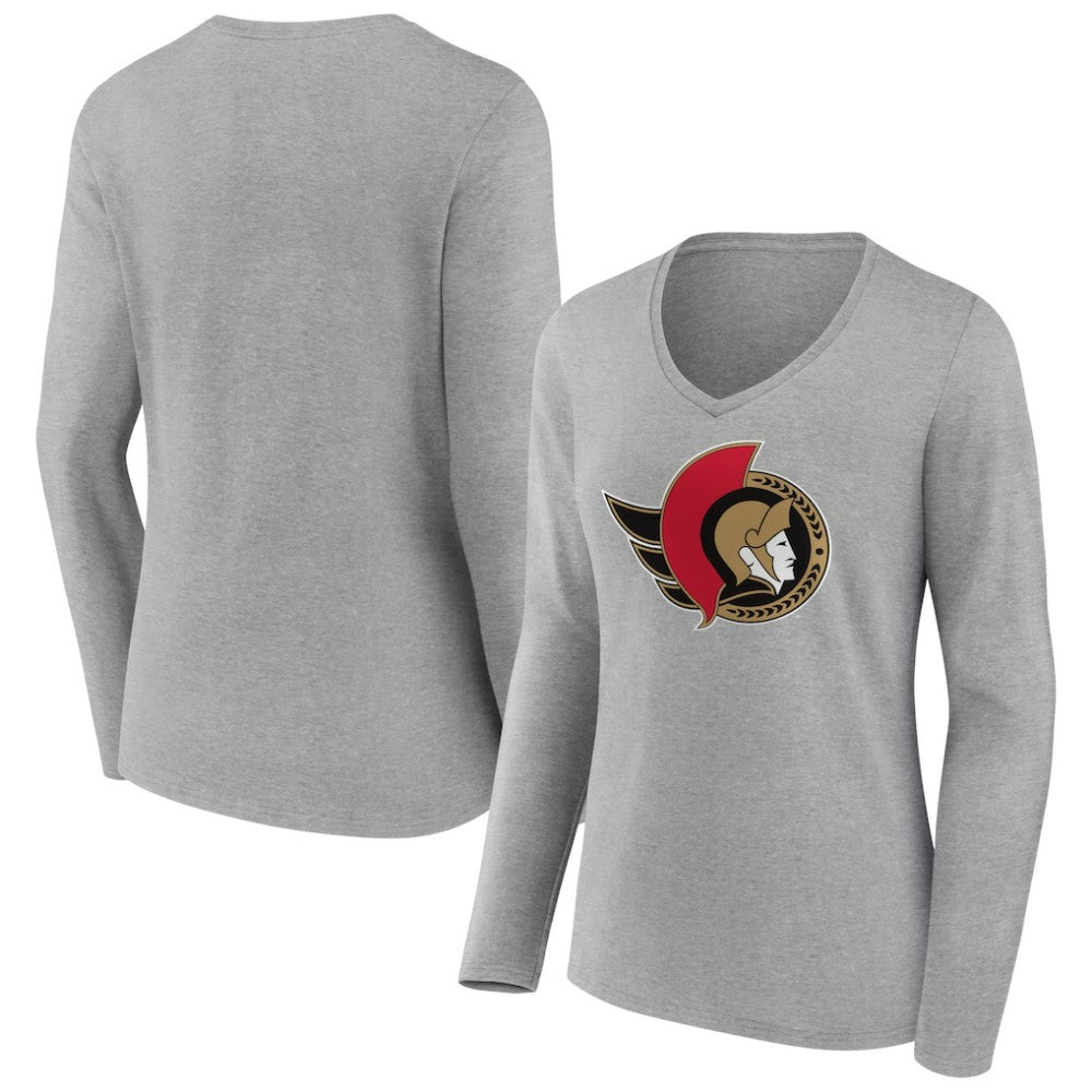 Ottawa Senators Women's Primary Logo Team Long Sleeve V-Neck T-Shirt - Heather Gray | US 5221196