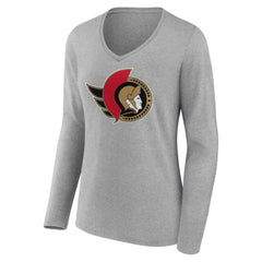 Ottawa Senators Women's Primary Logo Team Long Sleeve V-Neck T-Shirt - Heather Gray | US 5221196