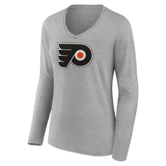 Philadelphia Flyers Women's Primary Logo Team Long Sleeve V-Neck T-Shirt - Heather Gray | US 5221197