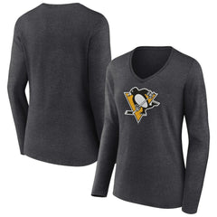 Pittsburgh Penguins Women's Primary Team Logo Long Sleeve V-Neck T-Shirt - Heather Charcoal | US 5221198