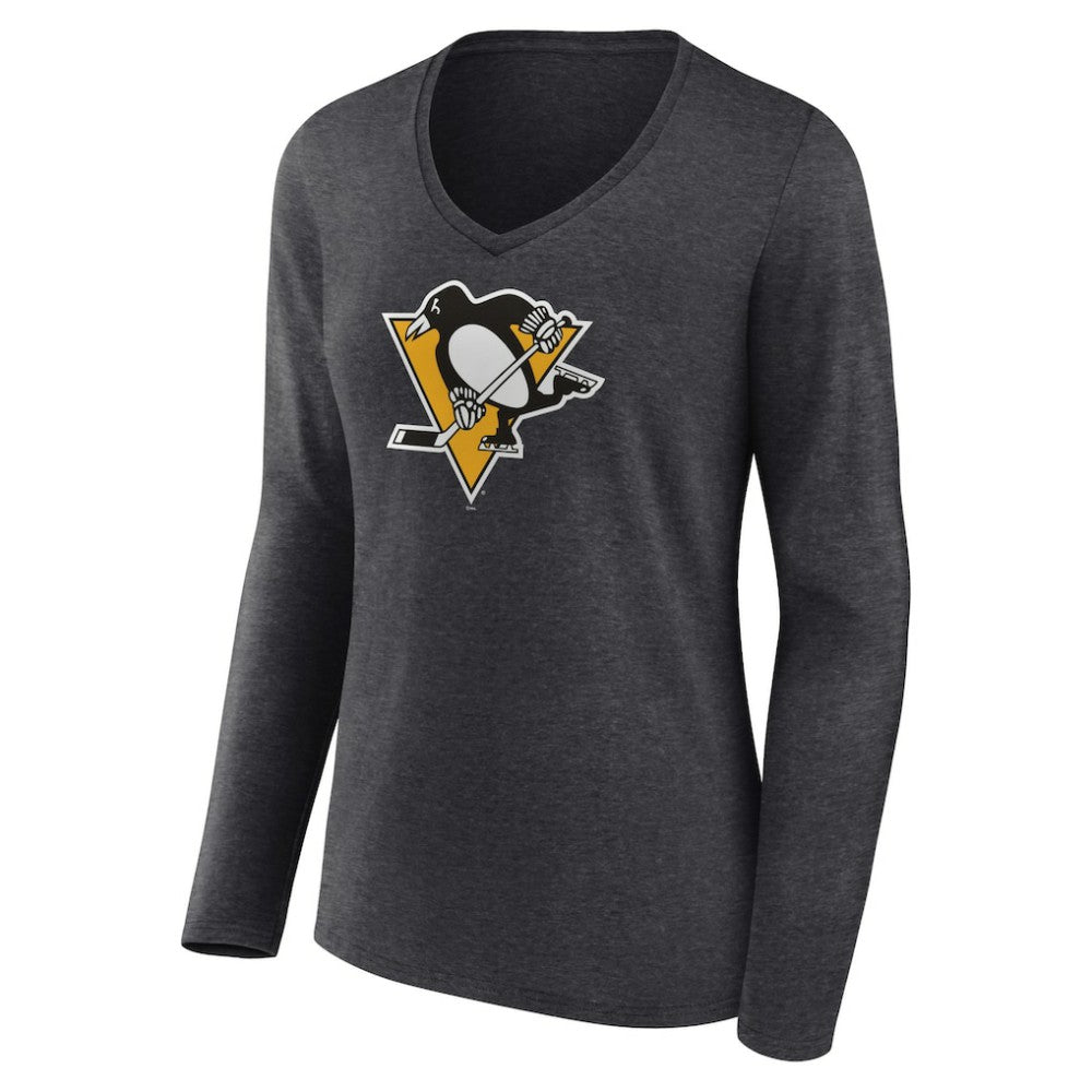 Pittsburgh Penguins Women's Primary Team Logo Long Sleeve V-Neck T-Shirt - Heather Charcoal | US 5221198