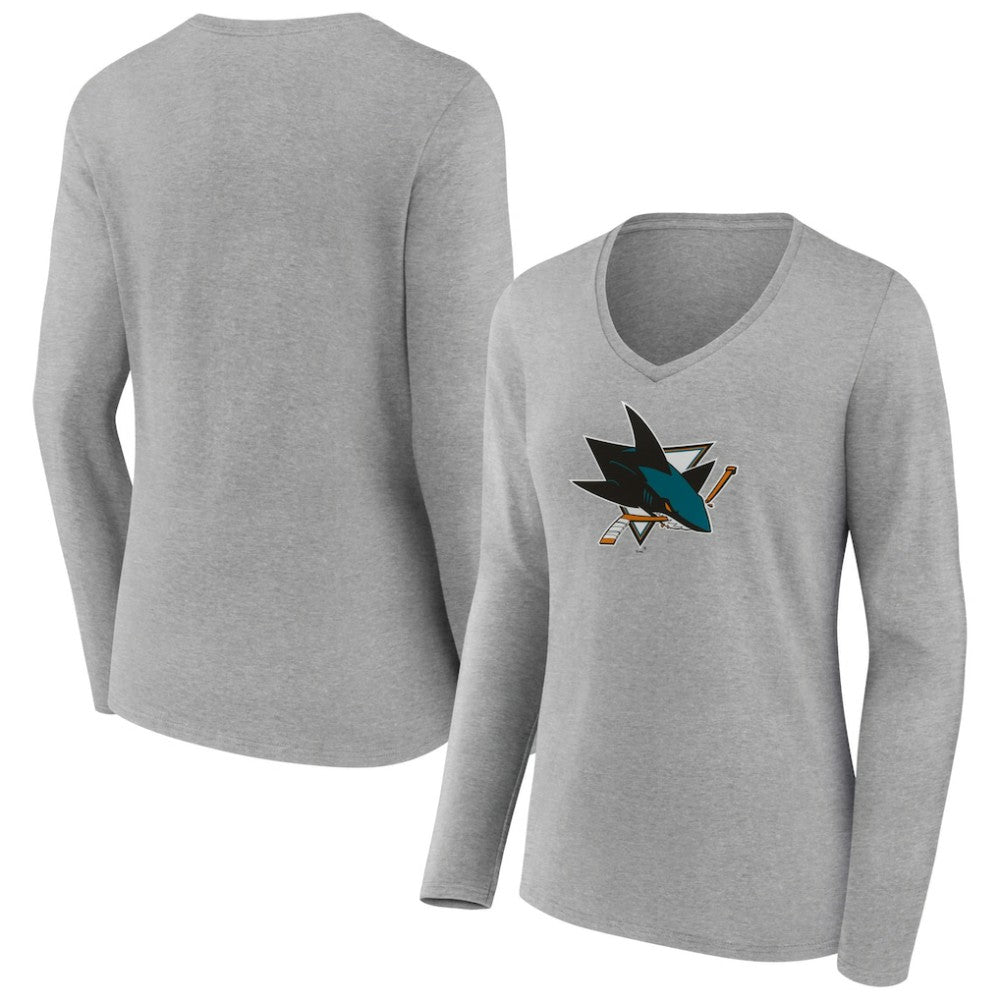 San Jose Sharks Women's Primary Logo Team Long Sleeve V-Neck T-Shirt - Heather Gray | US 5221199