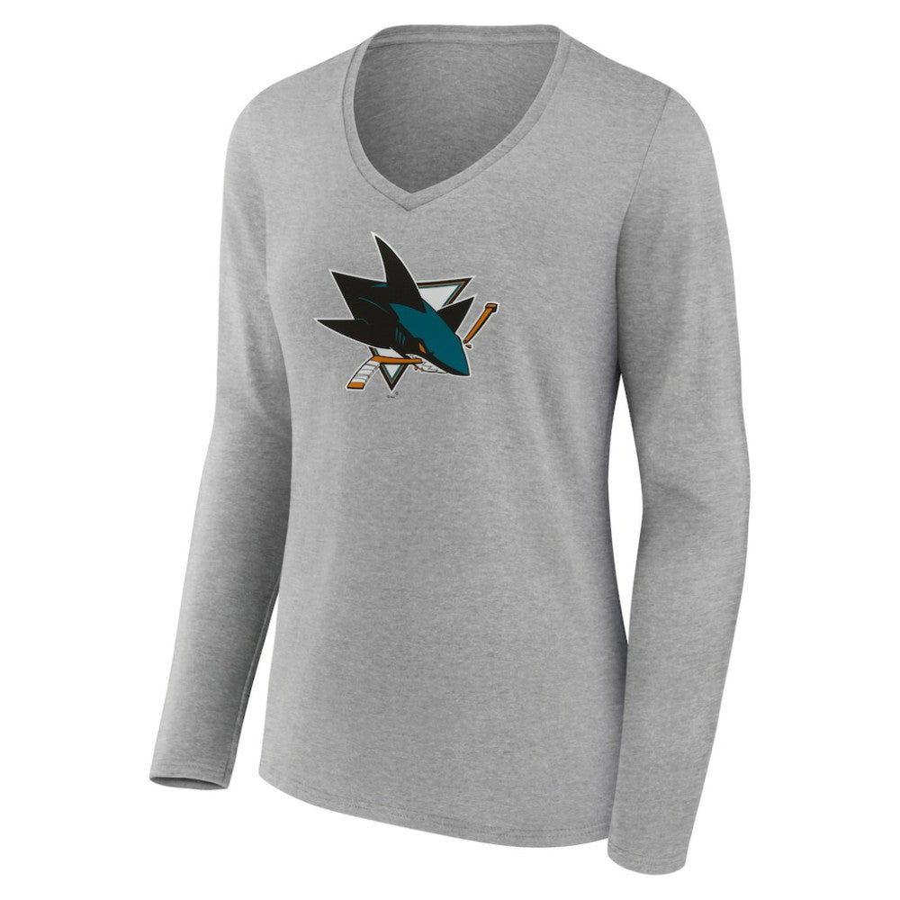 San Jose Sharks Women's Primary Logo Team Long Sleeve V-Neck T-Shirt - Heather Gray | US 5221199