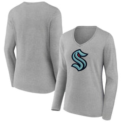 Seattle Kraken Women's Primary Logo Team Long Sleeve V-Neck T-Shirt - Heather Gray | US 5221200