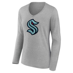 Seattle Kraken Women's Primary Logo Team Long Sleeve V-Neck T-Shirt - Heather Gray | US 5221200