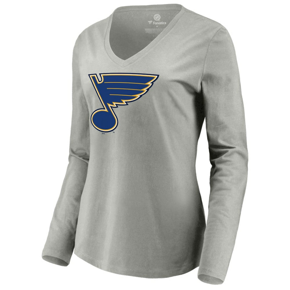 St. Louis Blues Women's Primary Logo Team Long Sleeve V-Neck T-Shirt - Heather Gray | US 5221201