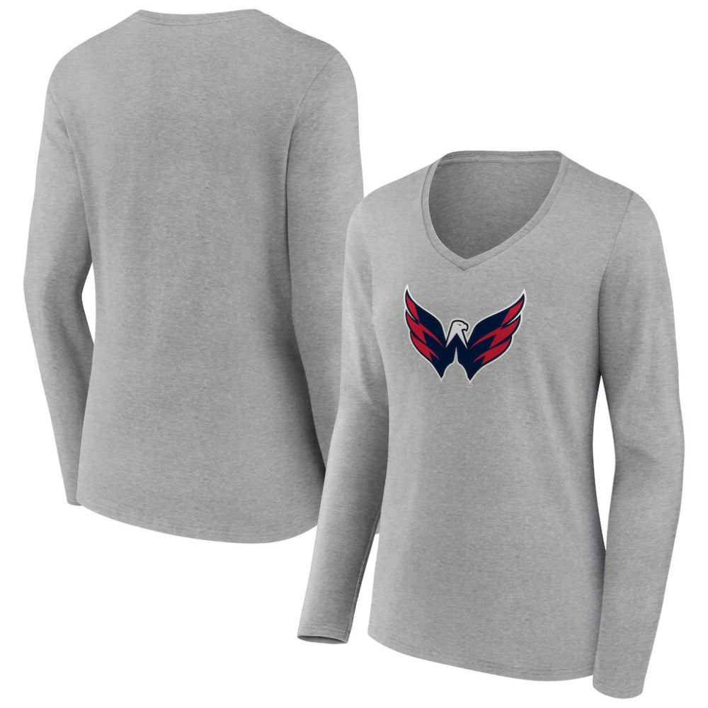 Washington Capitals Women's Primary Logo Team Long Sleeve V-Neck T-Shirt - Heather Gray | US 5221205