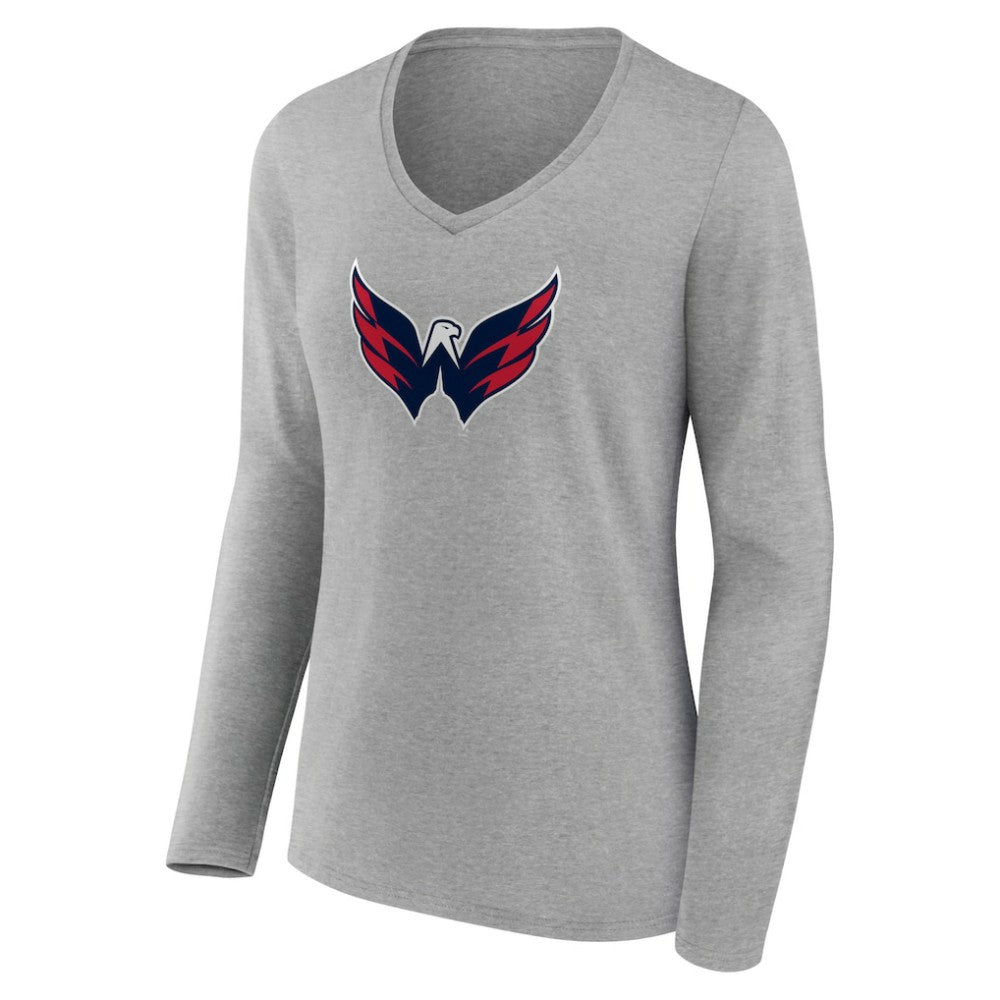 Washington Capitals Women's Primary Logo Team Long Sleeve V-Neck T-Shirt - Heather Gray | US 5221205