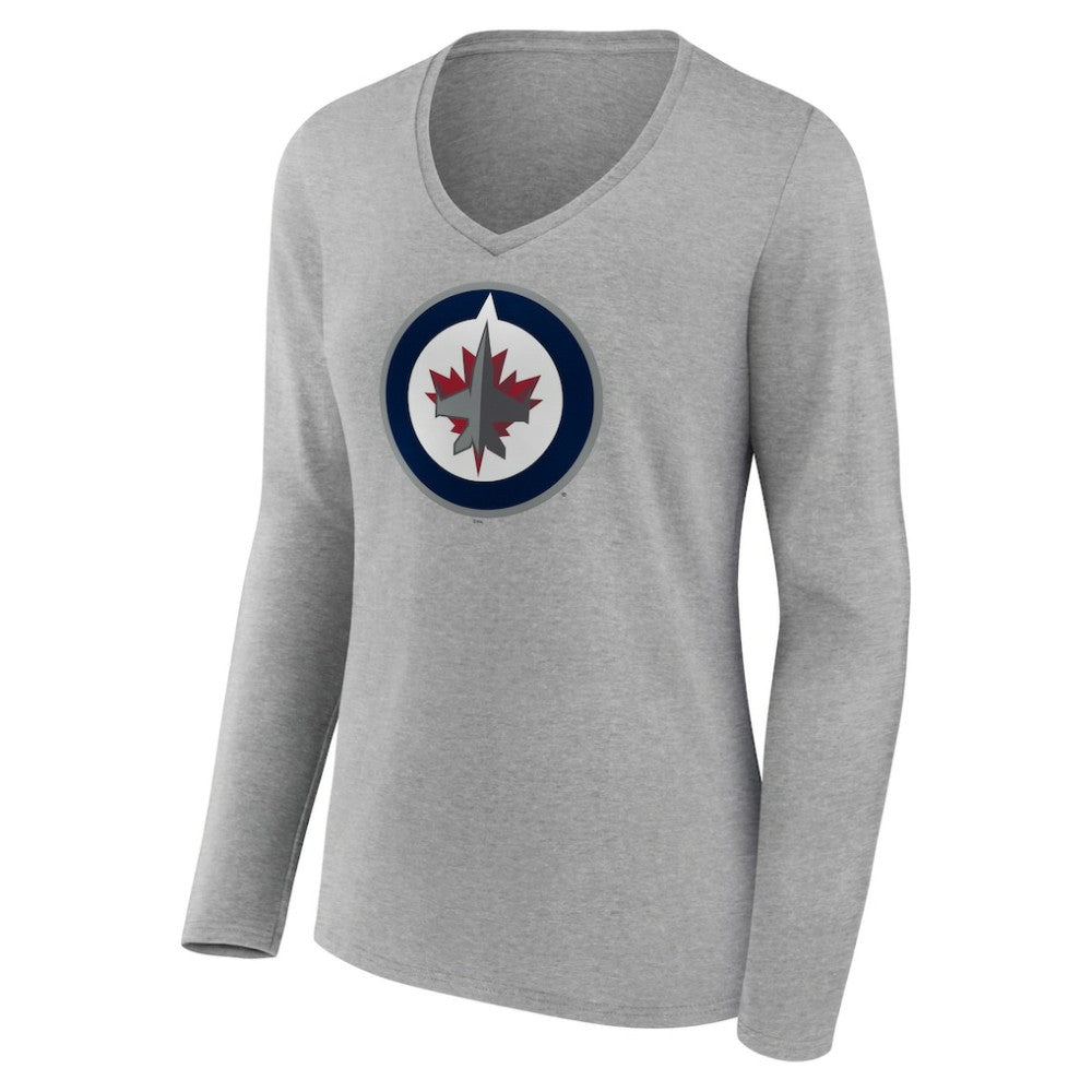 Winnipeg Jets Women's Primary Logo Team Long Sleeve V-Neck T-Shirt - Heather Gray | US 5221206