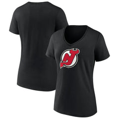 New Jersey Devils Women's Team Primary Logo V-Neck T-Shirt - Black | US 5221231