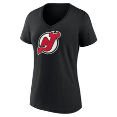 New Jersey Devils Women's Team Primary Logo V-Neck T-Shirt - Black | US 5221231